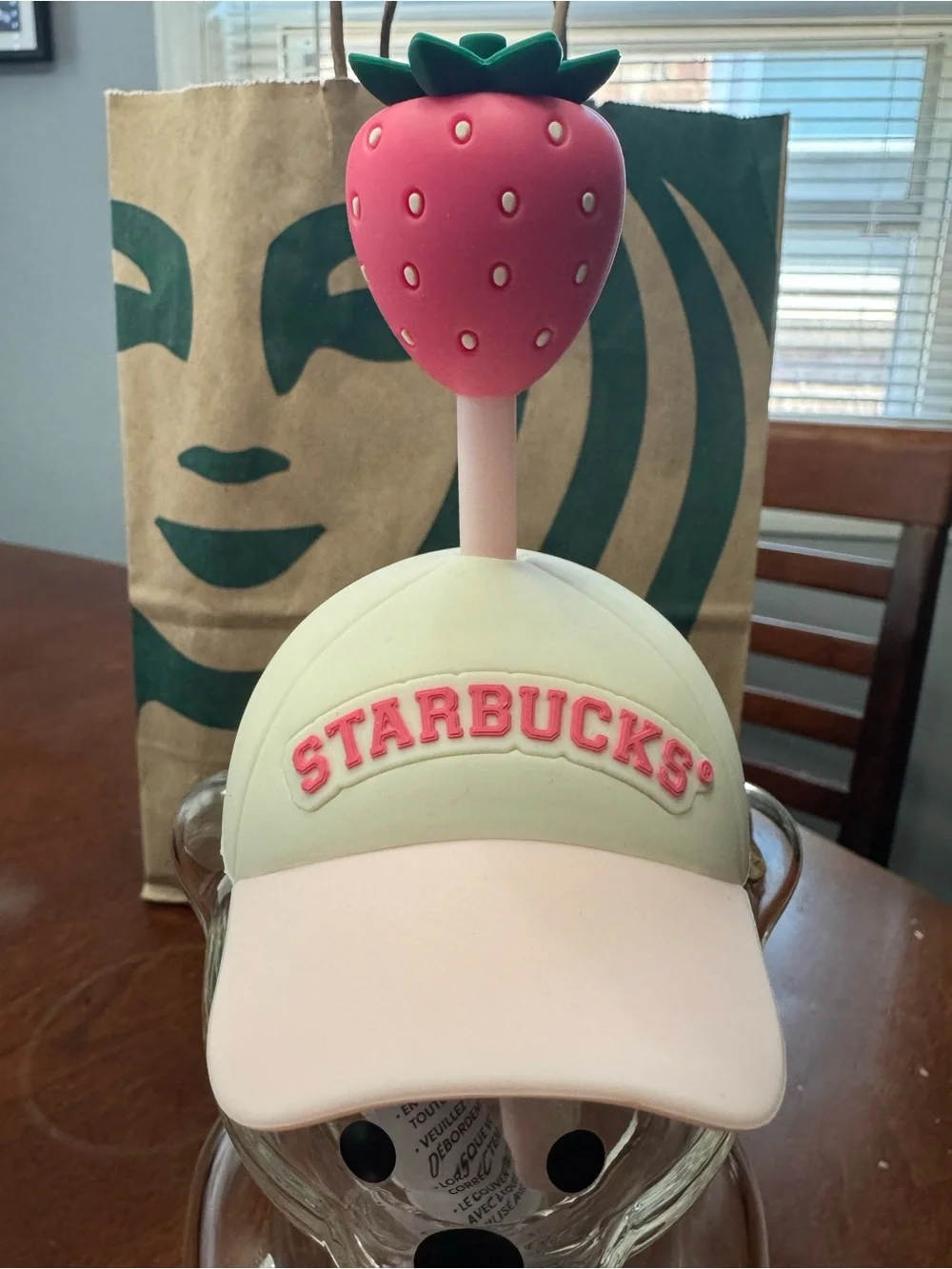 Starbucks Clear Bear Tumbler with Pink Straw, Pink Hat & Strawberry Topper